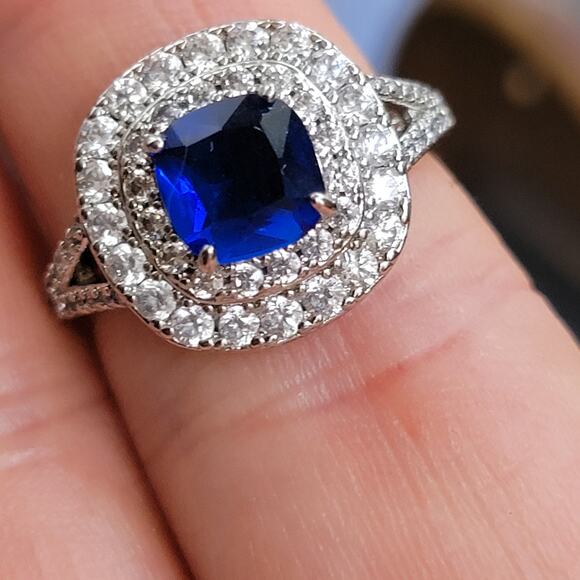 Rhodium Plated Simulated Sapphire Halo Ring - Size 7 - Double Halo Brilliance - Picture 5 of 11